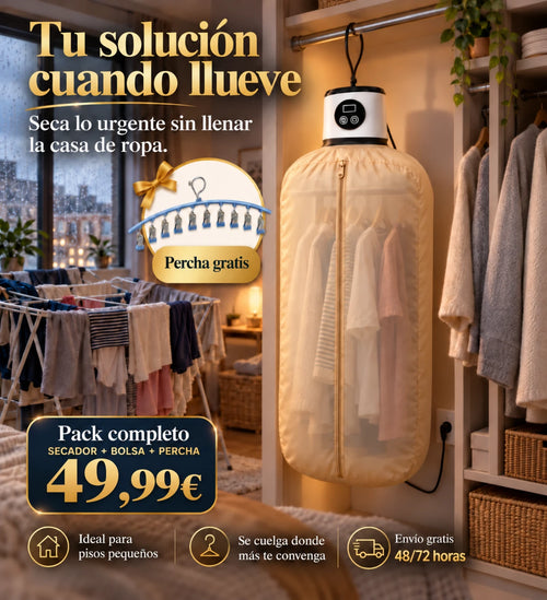 Tu solución cuando llueve: secador de ropa portátil enchufado y colgado en el armario, con percha de regalo, 49,99 €