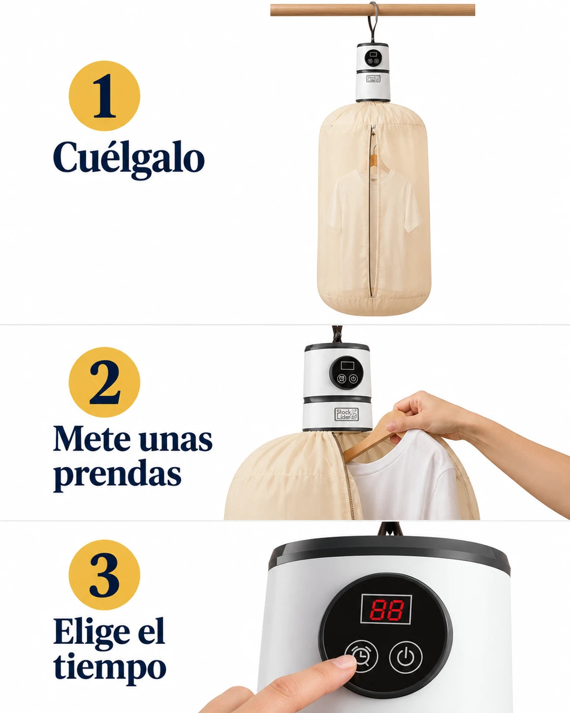 Cómo funciona en 3 pasos: cuélgalo, mete unas prendas y elige el tiempo