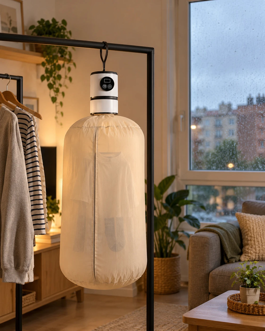 Secador de ropa en un salón mientras llueve fuera