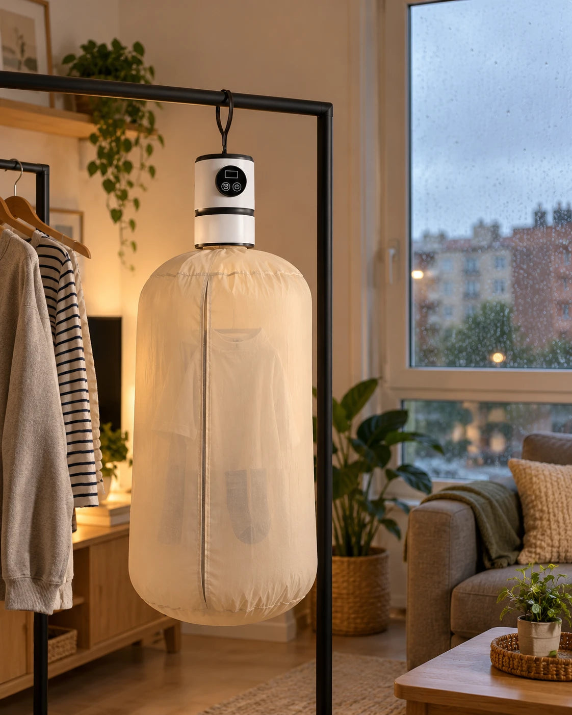 Secador de ropa en un salón mientras llueve fuera