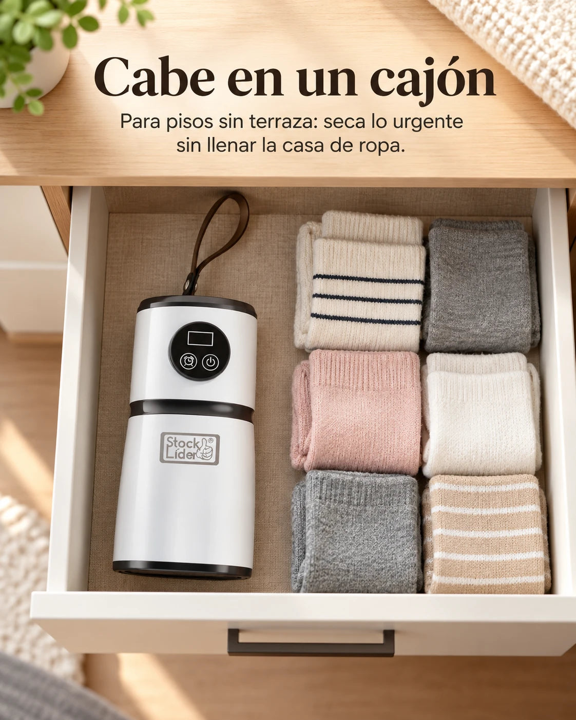 El secador recogido cabe en un cajón