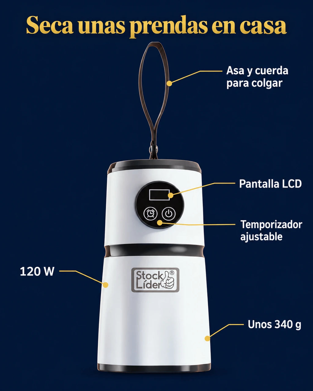 Características: asa para colgar, pantalla LCD, temporizador, 120 W y unos 340 g