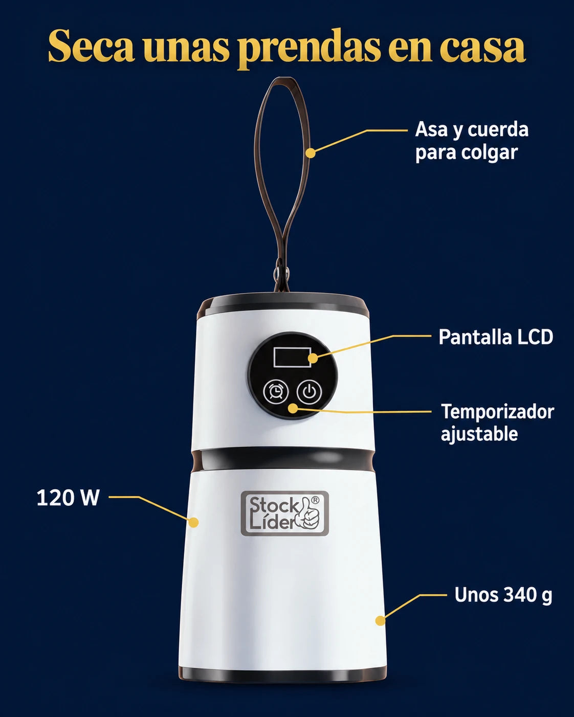 Características: asa para colgar, pantalla LCD, temporizador, 120 W y unos 340 g